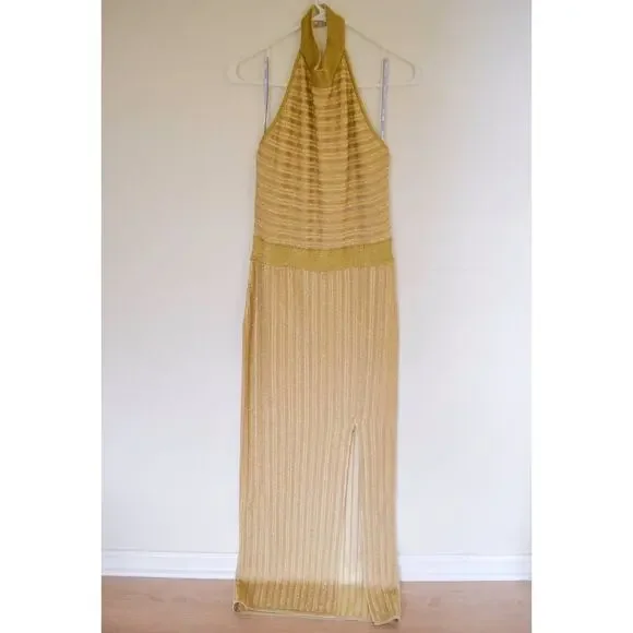 Herve Leger Gold Knit Halter Maxi Gown Size Large - Picture 4 of 11